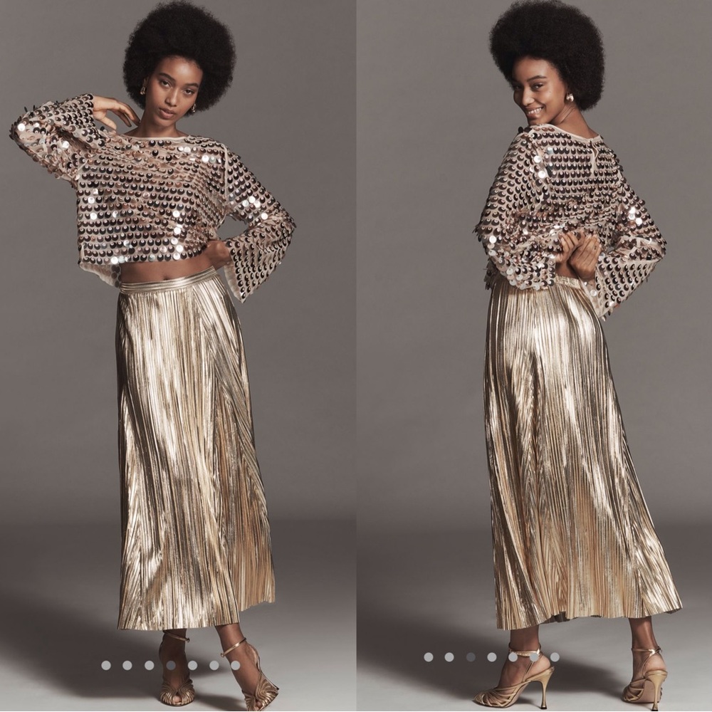 ❤️🔥Firm Price❤️🔥By Anthropologie Metallic pleated midi skirt - Picture 6 of 13